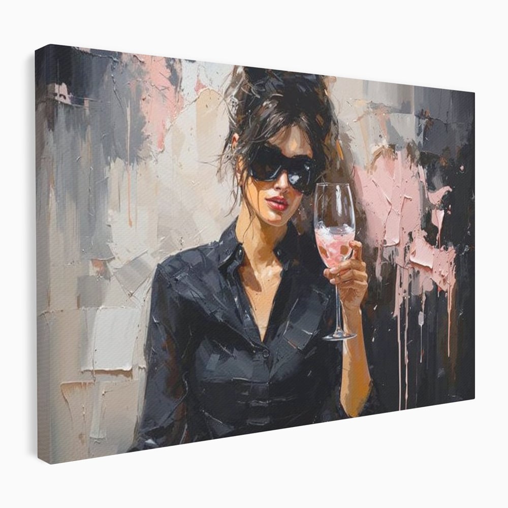 Tablou canvas cu tablou canvas cu femeie si pahar de vin, fara rama, pe sasiu de lemn